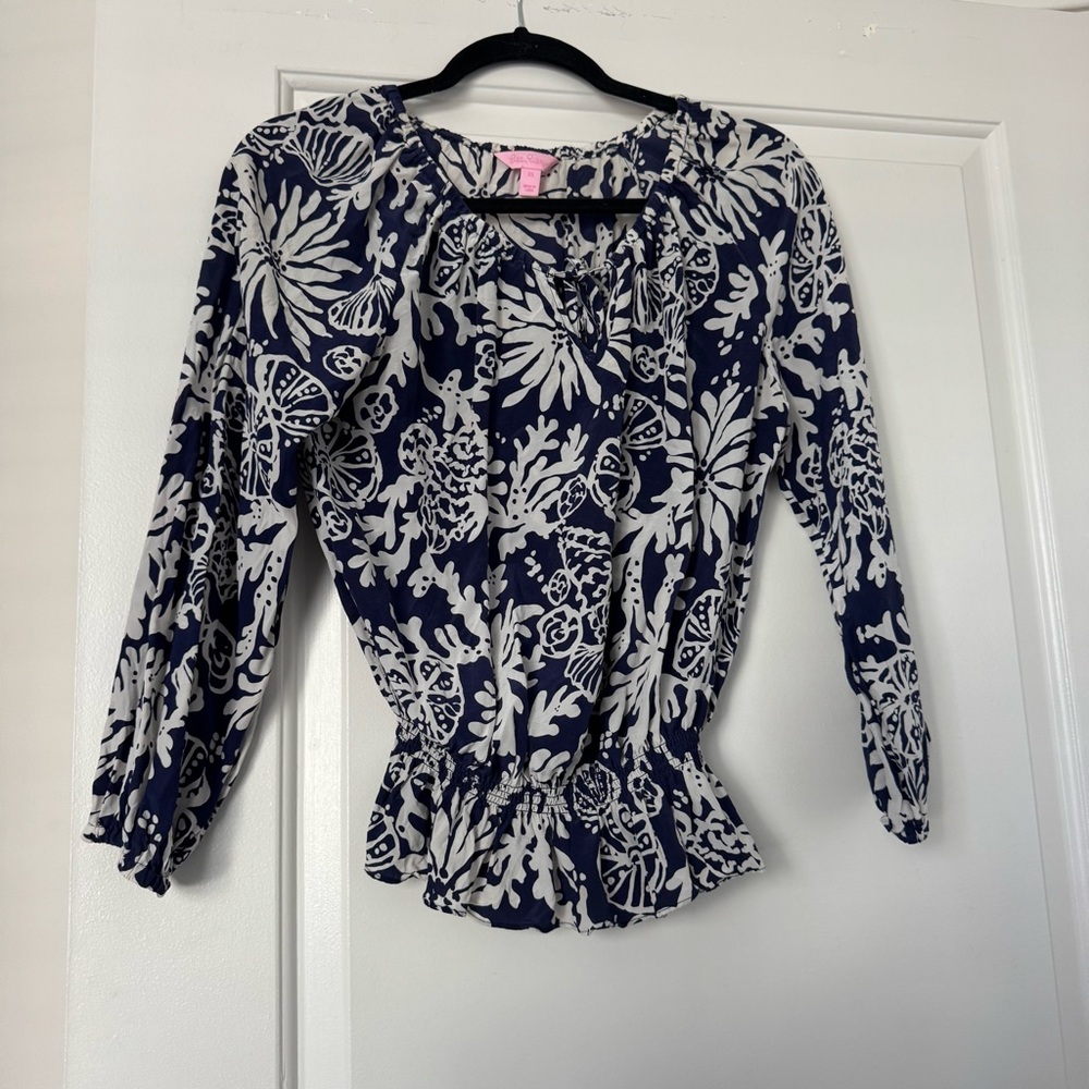 Lilly Pulitzer Blue and White Ruffled Peplum Blouse